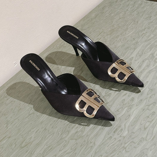 POINTED BB GOLD BUCKLE HIGH MULES IN BLACK SILK - 34