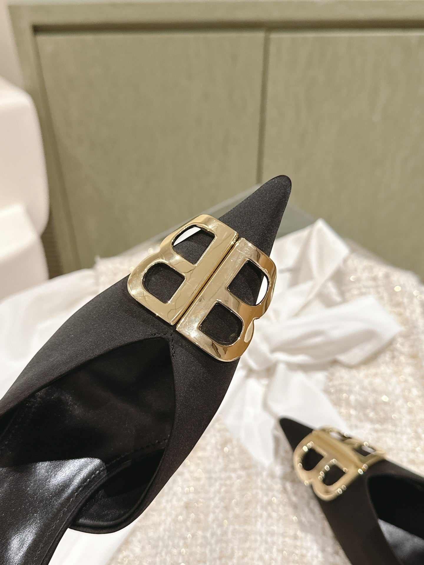 POINTED BB GOLD BUCKLE HIGH MULES IN BLACK SILK - 34