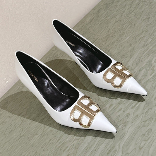 POINTED BB GOLD BUCKLE HIGH PUMPS 85MM IN WHITE PATENT CALFSKIN - 34