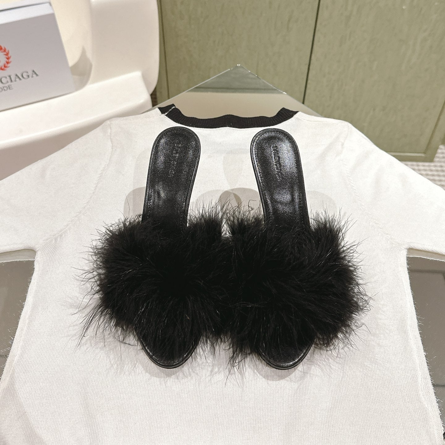 BALENCIAGA 25S HIGH-HEELED SANDALS 85 MM IN BLACK FAUX FUR AND PU - 35