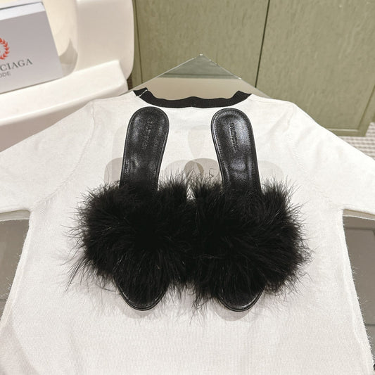 BALENCIAGA 25S HIGH-HEELED SANDALS 85 MM IN BLACK FAUX FUR AND PU - 35