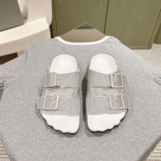BIRKENSTOCK SLIPPERS ATTACHED RHINESTONES IN WHITE CALFSKIN - 35