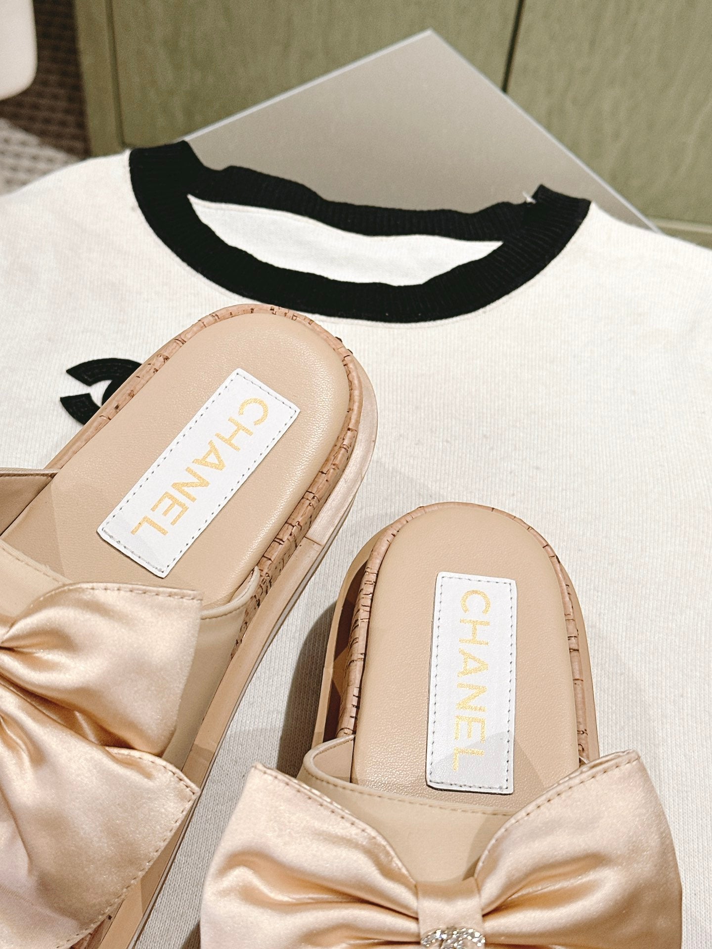 CC SLIPPERS WITH SILK BOW IN BEIGE ALMOND COWHIDE - 34