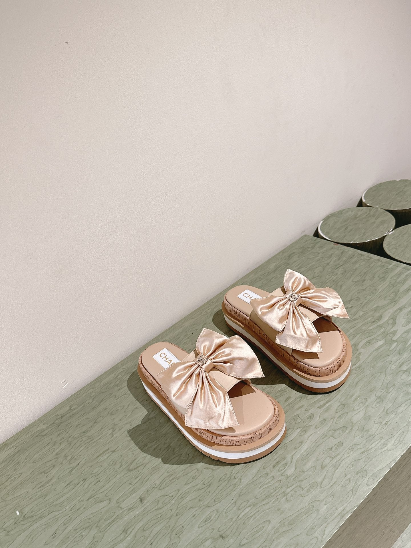 CC SLIPPERS WITH SILK BOW IN BEIGE ALMOND COWHIDE - 34