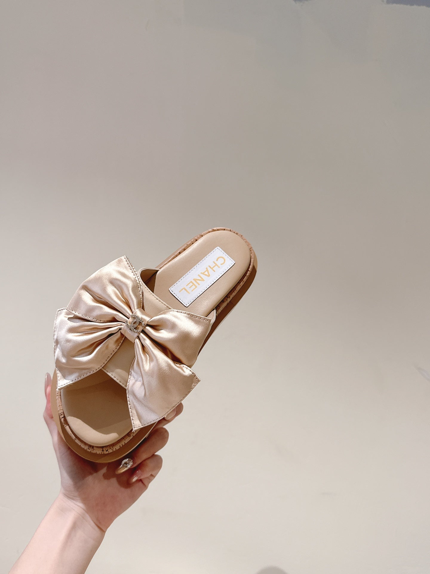 CC SLIPPERS WITH SILK BOW IN BEIGE ALMOND COWHIDE - 34