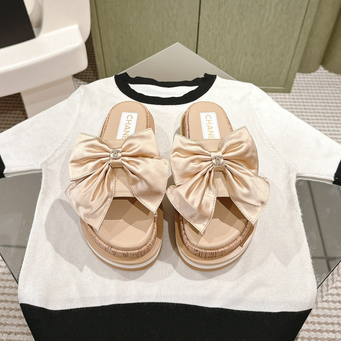 CC SLIPPERS WITH SILK BOW IN BEIGE ALMOND COWHIDE - 34