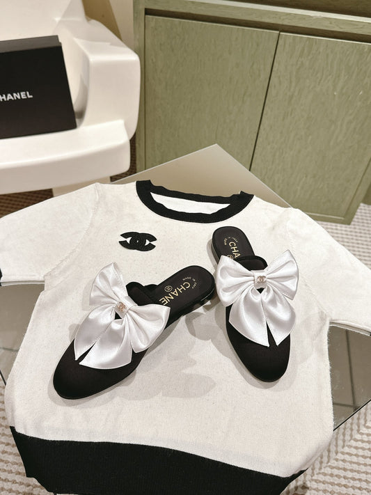CC MULE WITH SILK WHITE BOW AND BLACK LAMBSKIN - 35