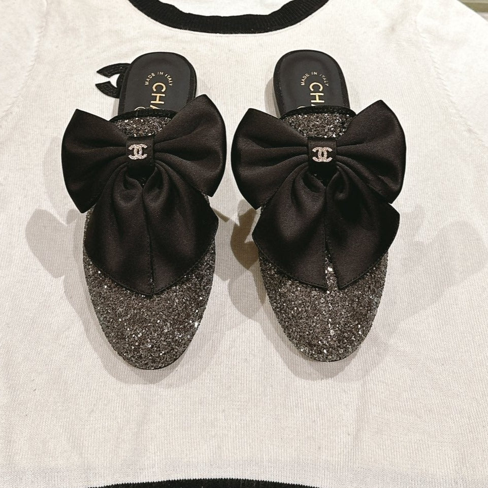 CC JEWELED MULE WITH SILK BOW AND BLACK LAMBSKIN - 35