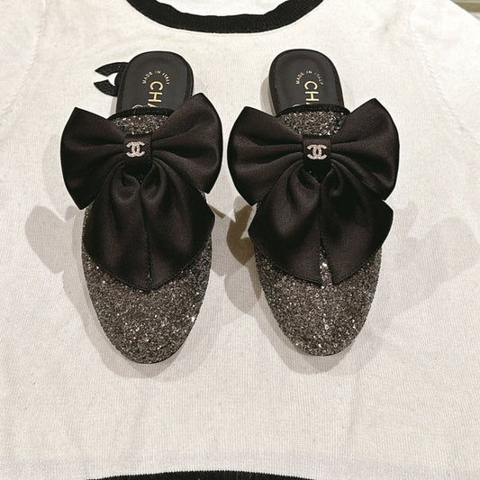 CC JEWELED MULE WITH SILK BOW AND BLACK LAMBSKIN - 35