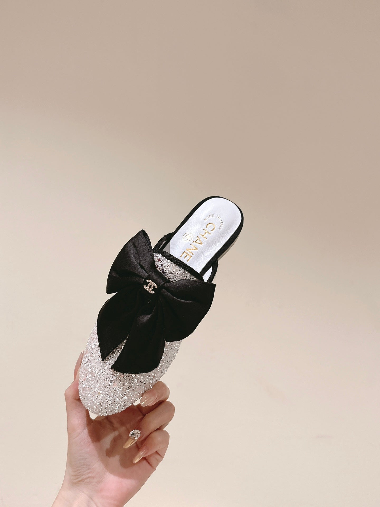 CC JEWELED MULE WITH SILK BLACK BOW IN WHITE LAMBSKIN - 35