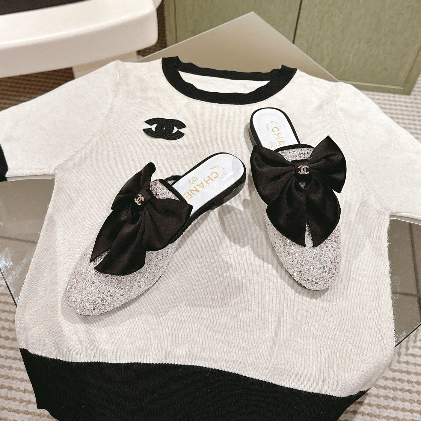 CC JEWELED MULE WITH SILK BLACK BOW IN WHITE LAMBSKIN - 35