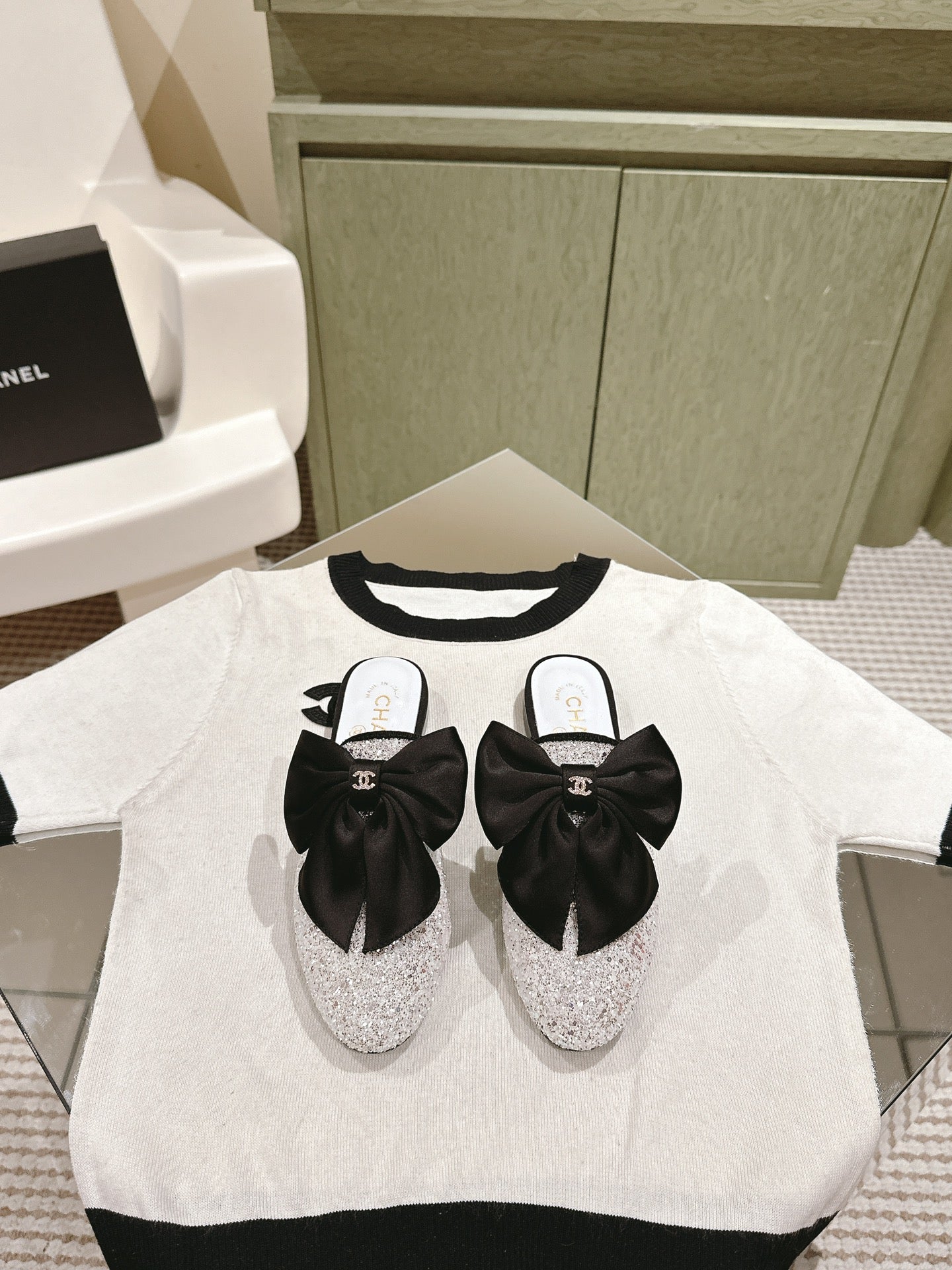 CC JEWELED MULE WITH SILK BLACK BOW IN WHITE LAMBSKIN - 35