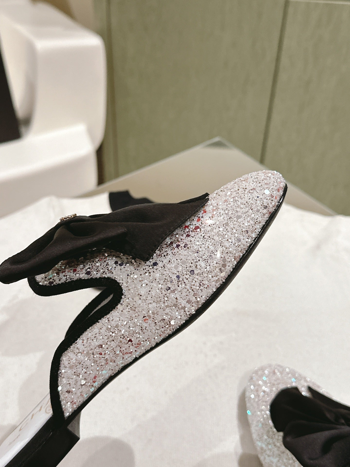 CC JEWELED MULE WITH SILK BLACK BOW IN WHITE LAMBSKIN - 35