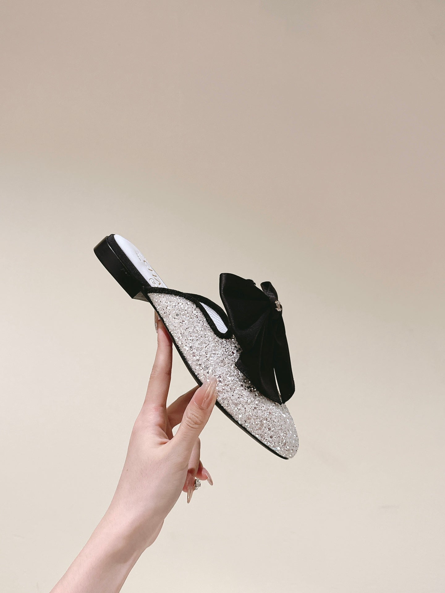 CC JEWELED MULE WITH SILK BLACK BOW IN WHITE LAMBSKIN - 35