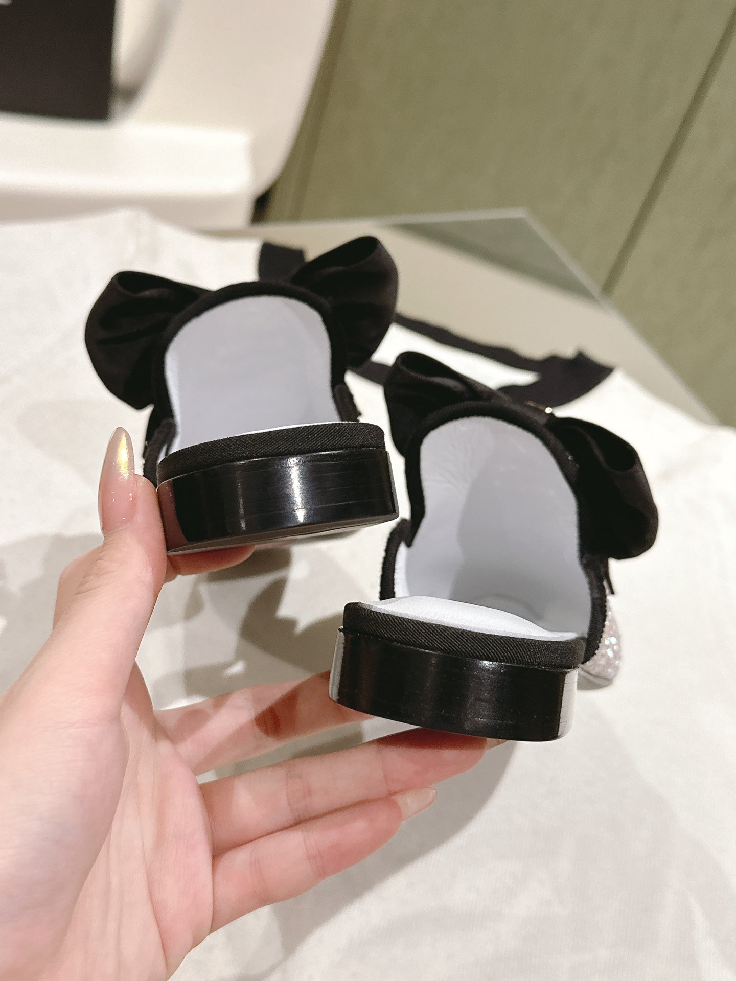 CC JEWELED MULE WITH SILK BLACK BOW IN WHITE LAMBSKIN - 35