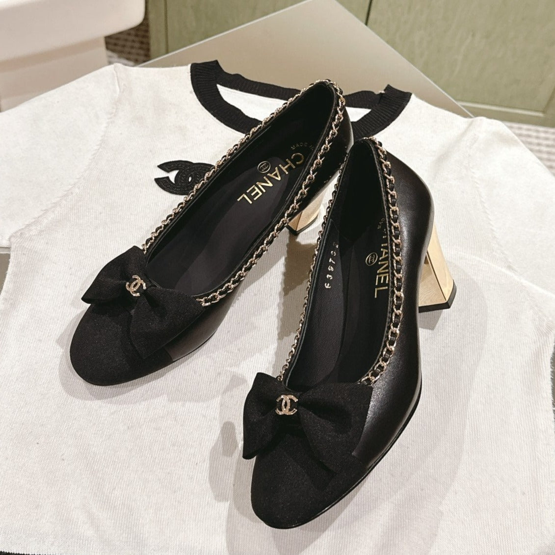 CC HIGH HEELS BLACK CALFSKIN AND FABRIC - 35