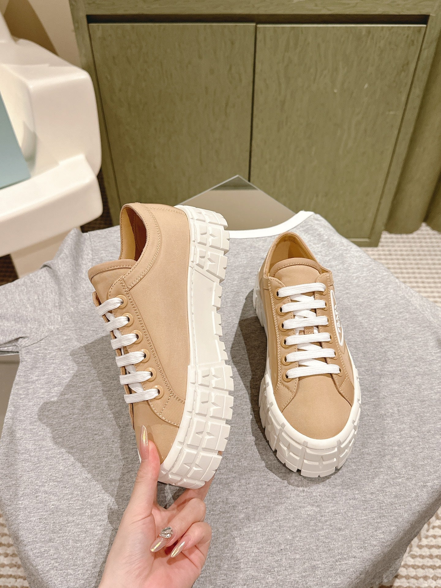 PRA DOUBLE WHEEL RE-NYLON GABARDINE SNEAKERS TUSCAN CALFSKIN - 35