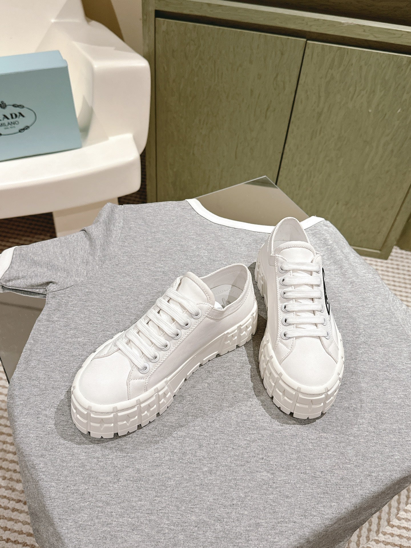 PRA DOUBLE WHEEL RE-NYLON GABARDINE SNEAKERS WHITE CALFSKIN - 35