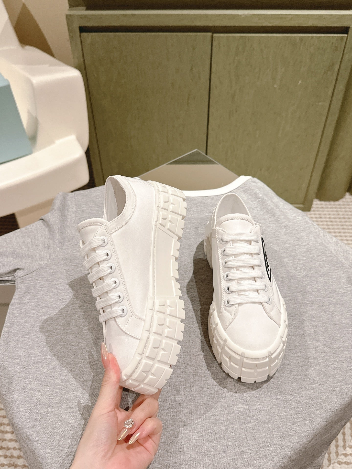 PRA DOUBLE WHEEL RE-NYLON GABARDINE SNEAKERS WHITE CALFSKIN - 35