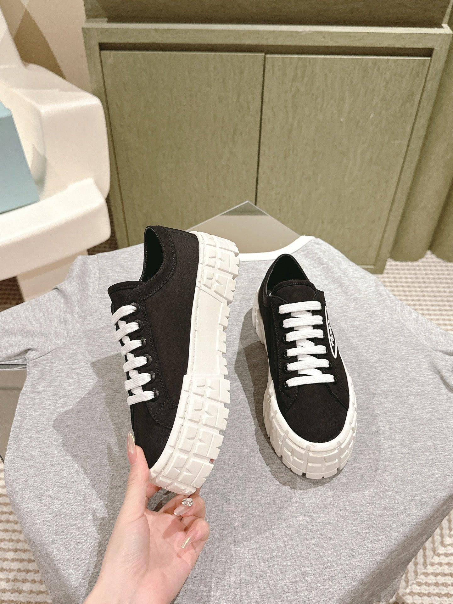 PRA DOUBLE WHEEL RE-NYLON GABARDINE SNEAKERS BLACK CALFSKIN - 35