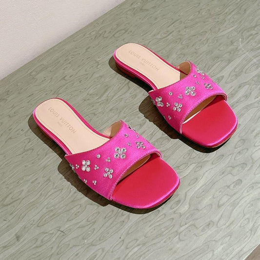 LV WOMEN FLAT MULE IN DEEP PINK SATIN WITH RHINESTONE - 35