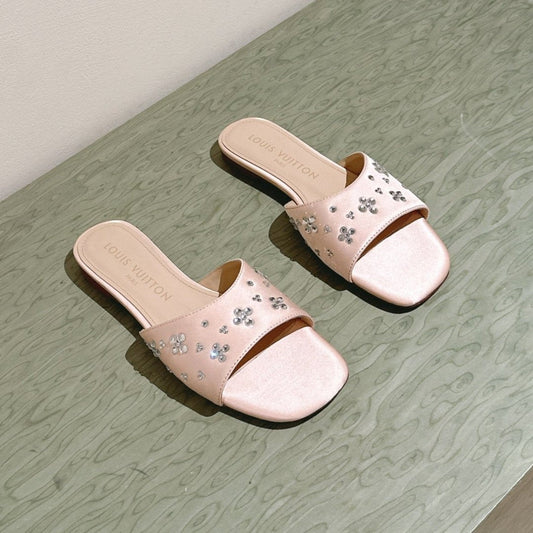 LV WOMEN FLAT MULE IN ALMOND BEIGE SATIN WITH RHINESTONE - 35