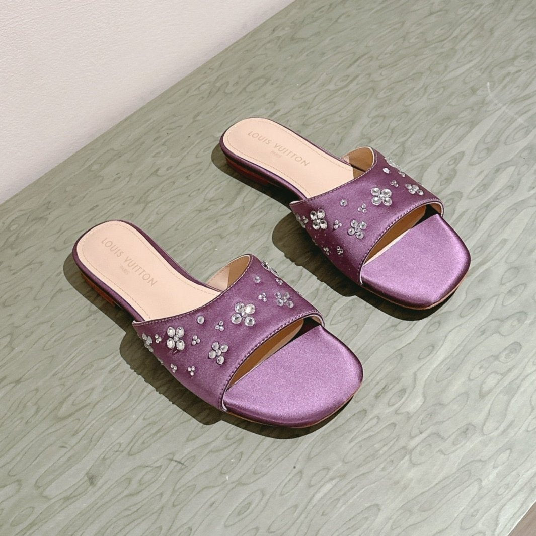 LV WOMEN FLAT MULE IN MAUVE PURPLE SATIN WITH RHINESTONE - 35