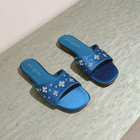 LV WOMEN FLAT MULE IN COBALT BLUE SATIN WITH RHINESTONE - 35