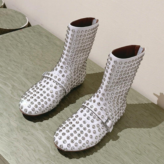 ALAIA SHORT BOOTS IN WHITE LAMBSKIN ATTACH RHINSTONES - 35