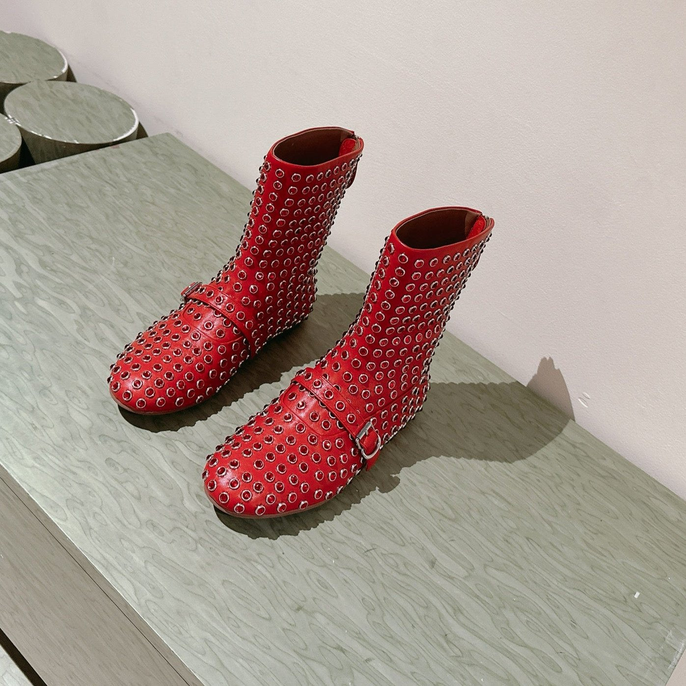 ALAIA SHORT BOOTS IN CHERRY RED LAMBSKIN ATTACH RHINSTONES - 35