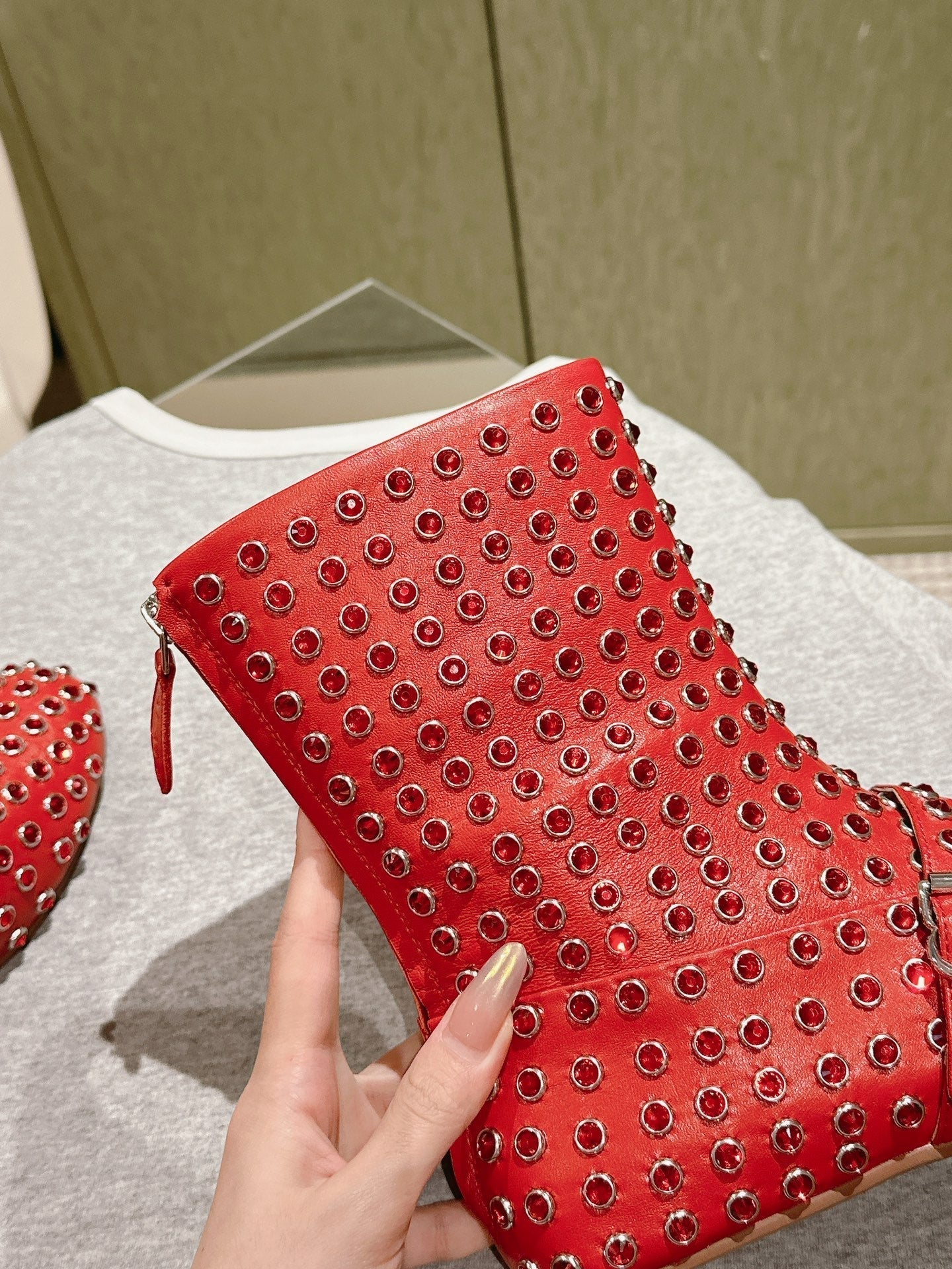 ALAIA SHORT BOOTS IN CHERRY RED LAMBSKIN ATTACH RHINSTONES - 35