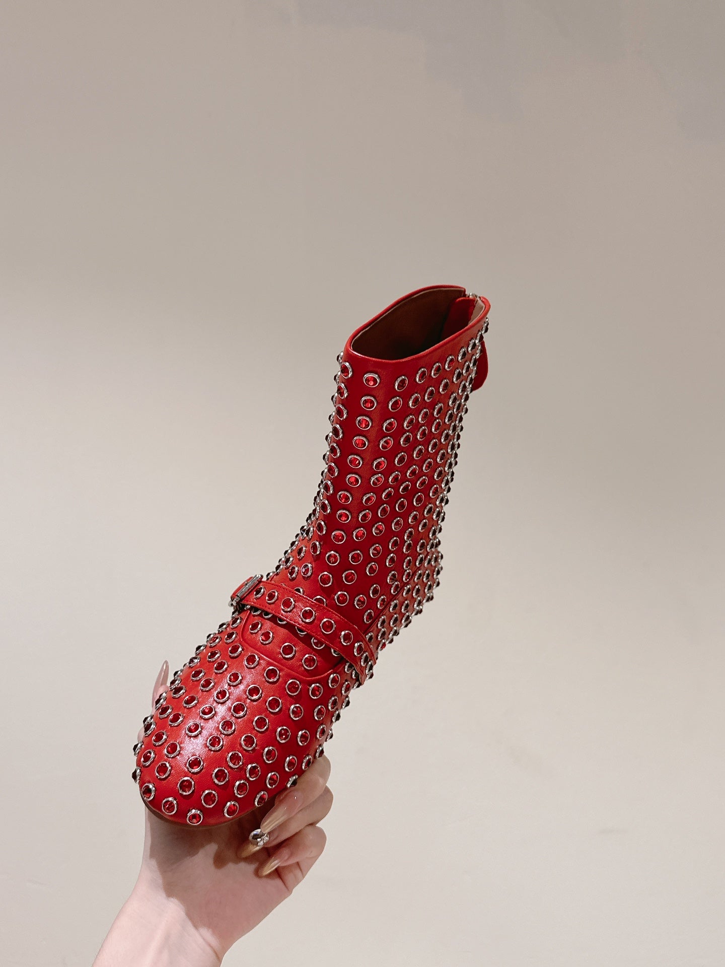 ALAIA SHORT BOOTS IN CHERRY RED LAMBSKIN ATTACH RHINSTONES - 35