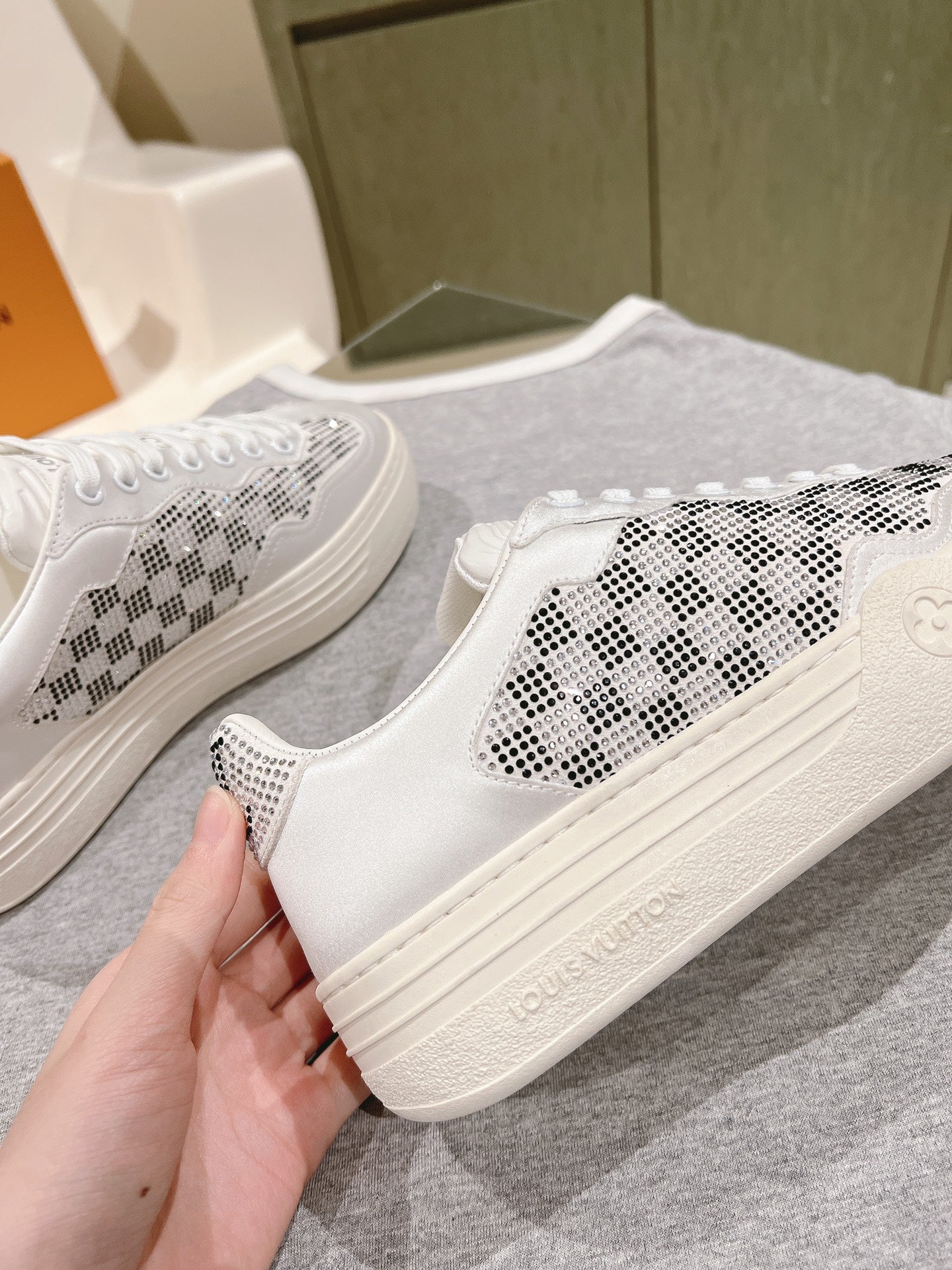 LV GROOVY SNEAKER IN WHITE MIX BLACK DAMIER STRASS AND CALFSKIN - 35