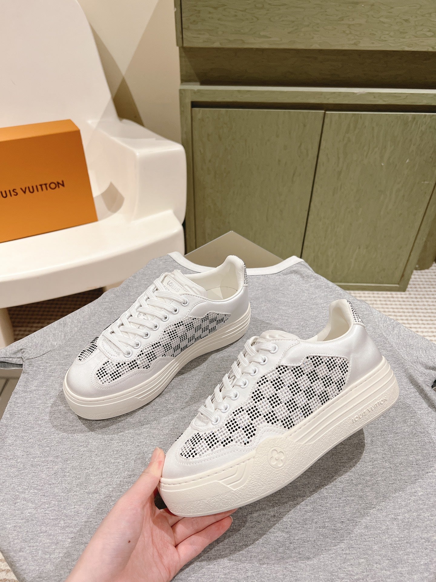 LV GROOVY SNEAKER IN WHITE MIX BLACK DAMIER STRASS AND CALFSKIN - 35