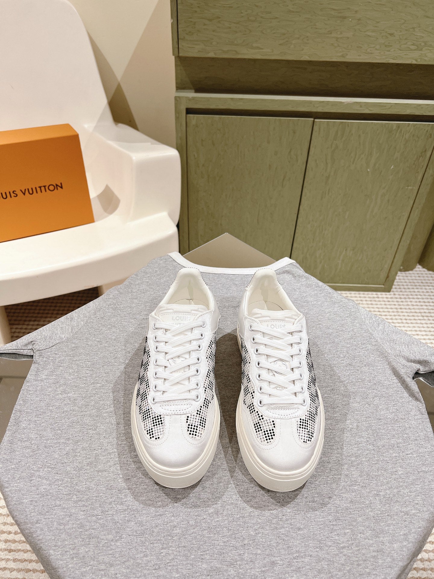 LV GROOVY SNEAKER IN WHITE MIX BLACK DAMIER STRASS AND CALFSKIN - 35