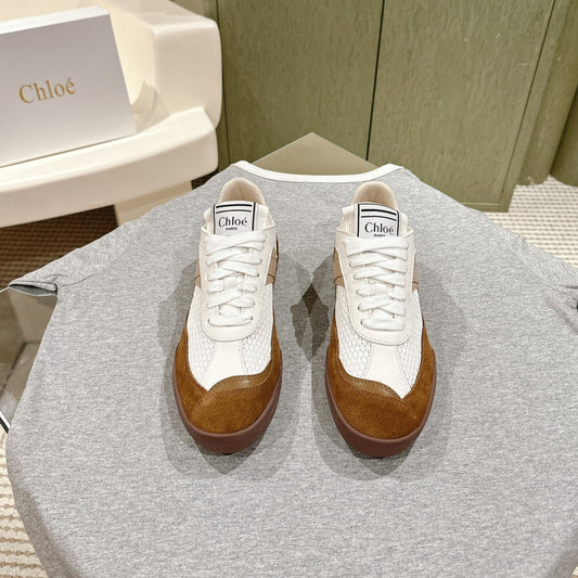 CHLOÉ 26S SNEAKERS IN WHITE MESH AND BROWN SUEDE