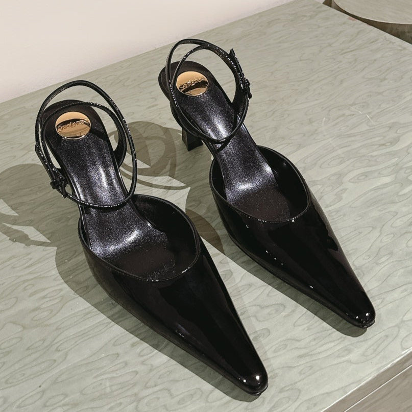 AIMÉE HIGH 8 CM SLINGBACK PUMPS IN BLACK PATENT CALFSKIN - 35