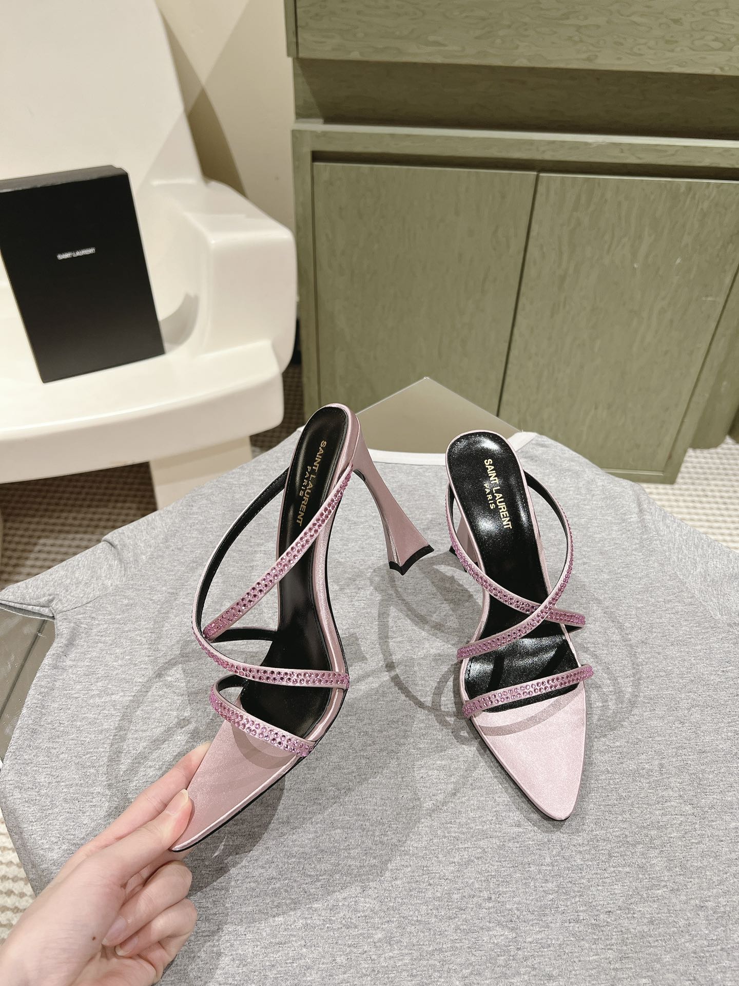 HIGH HEEL MULE 10 CM IN BABY PINK SATIN WITH RHINESTONES - 35