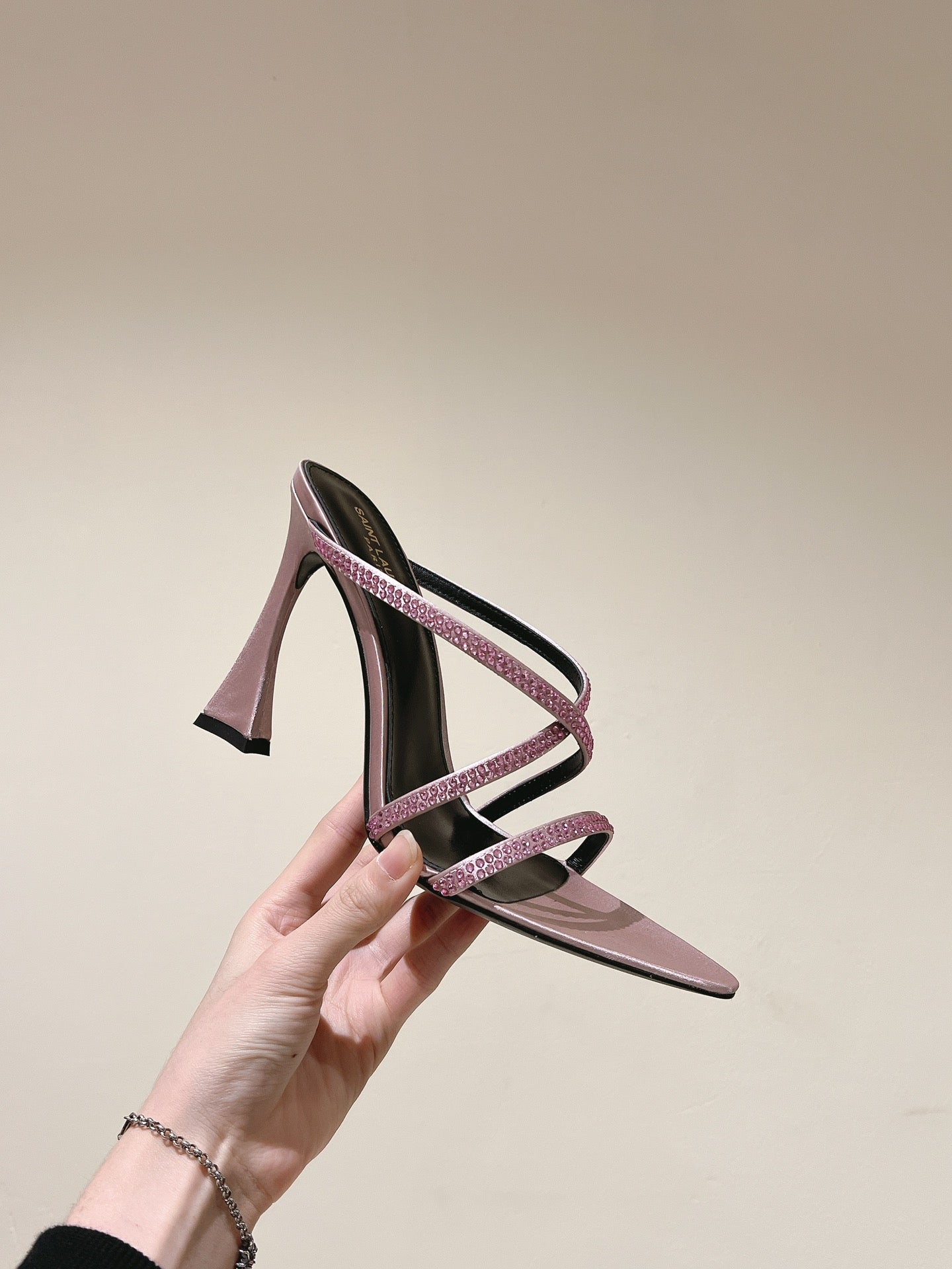HIGH HEEL MULE 10 CM IN BABY PINK SATIN WITH RHINESTONES - 35