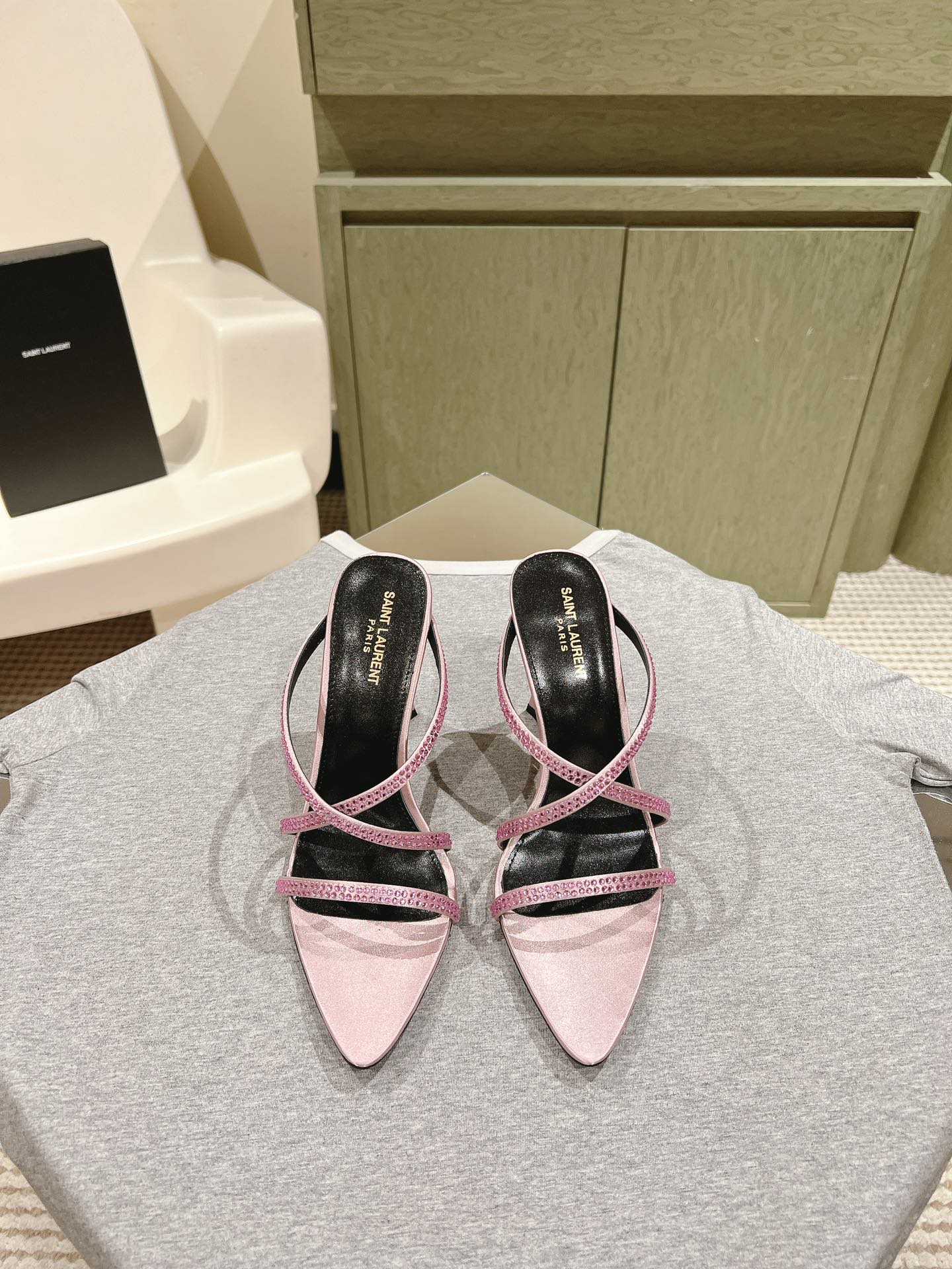 HIGH HEEL MULE 10 CM IN BABY PINK SATIN WITH RHINESTONES - 35