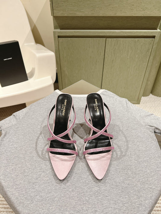 HIGH HEEL MULE 10 CM IN BABY PINK SATIN WITH RHINESTONES - 35