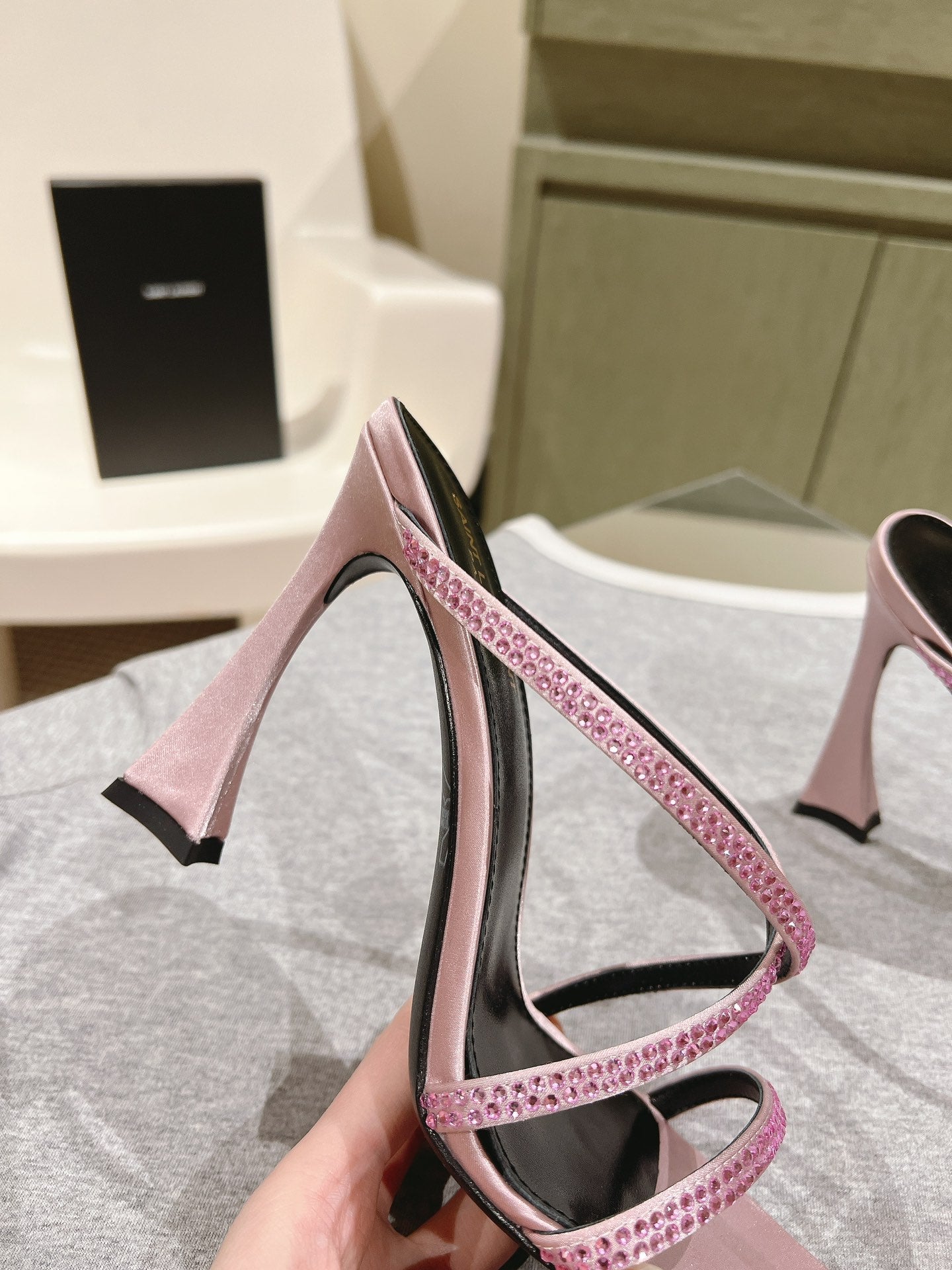 HIGH HEEL MULE 10 CM IN BABY PINK SATIN WITH RHINESTONES - 35