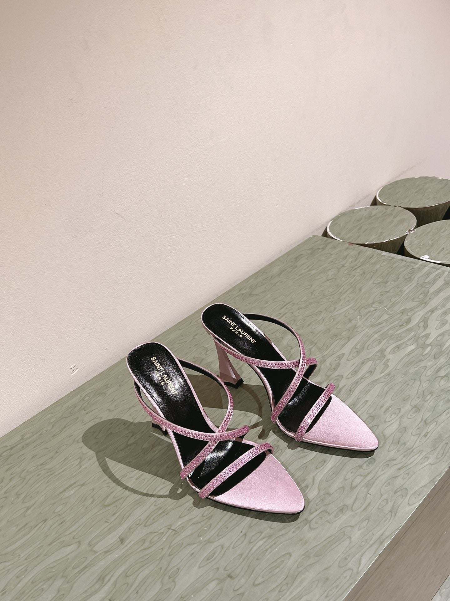 HIGH HEEL MULE 10 CM IN BABY PINK SATIN WITH RHINESTONES - 35