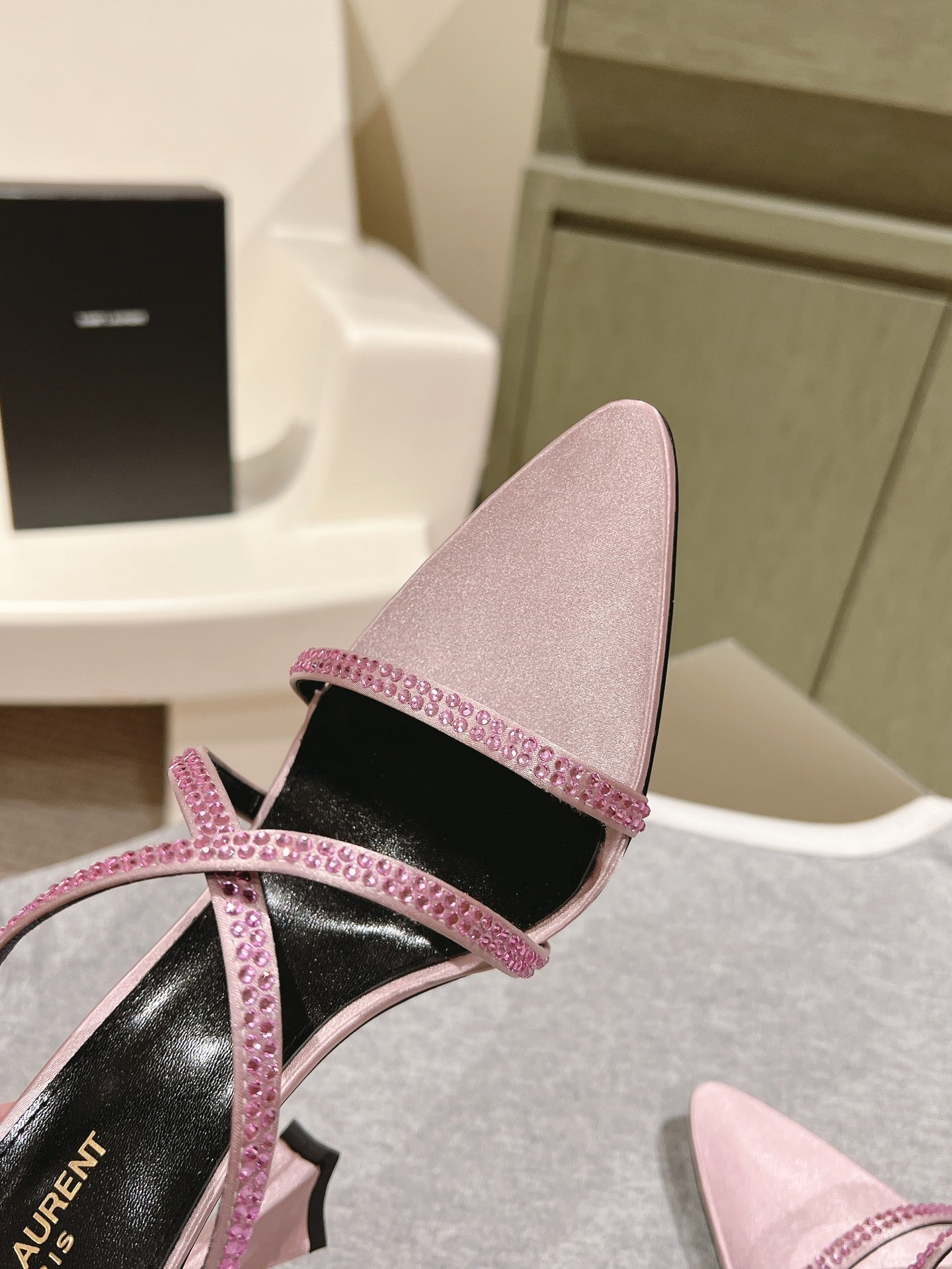 HIGH HEEL MULE 10 CM IN BABY PINK SATIN WITH RHINESTONES - 35