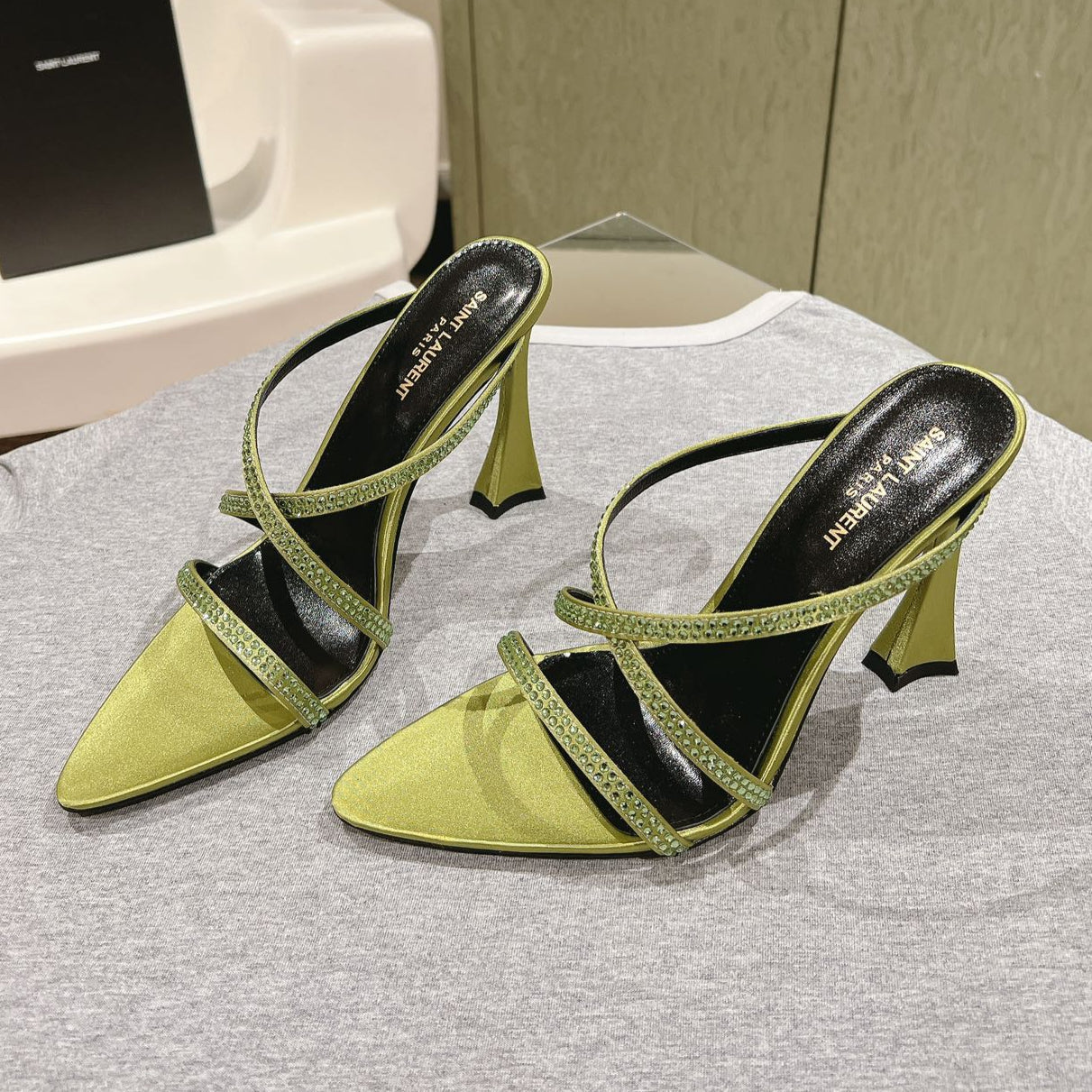 HIGH HEEL MULE 10 CM IN OLIVE GREEN SATIN WITH RHINESTONES - 35