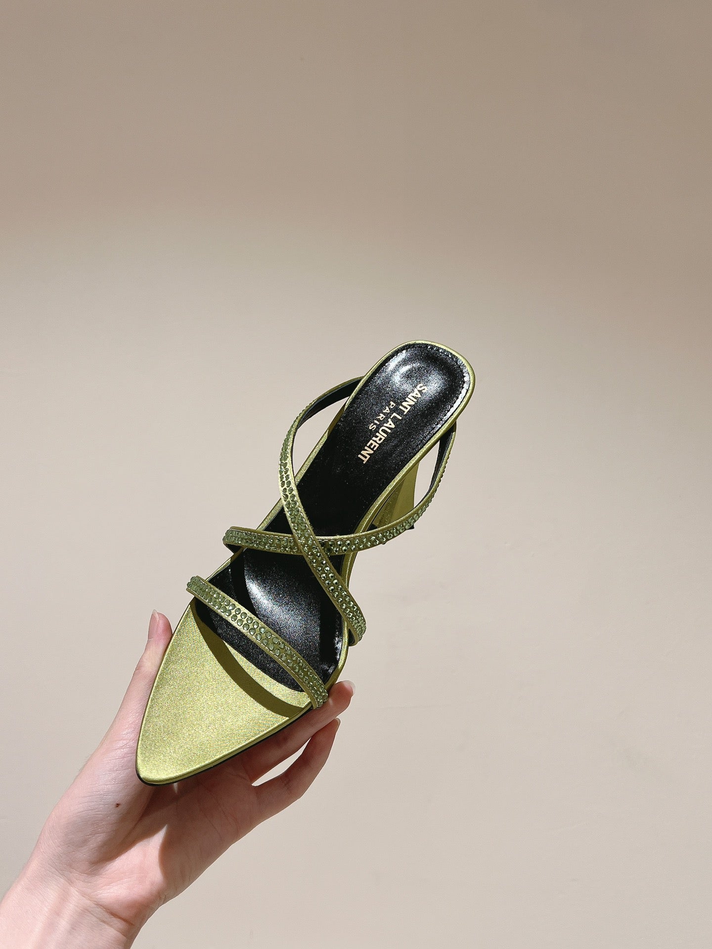 HIGH HEEL MULE 10 CM IN OLIVE GREEN SATIN WITH RHINESTONES - 35