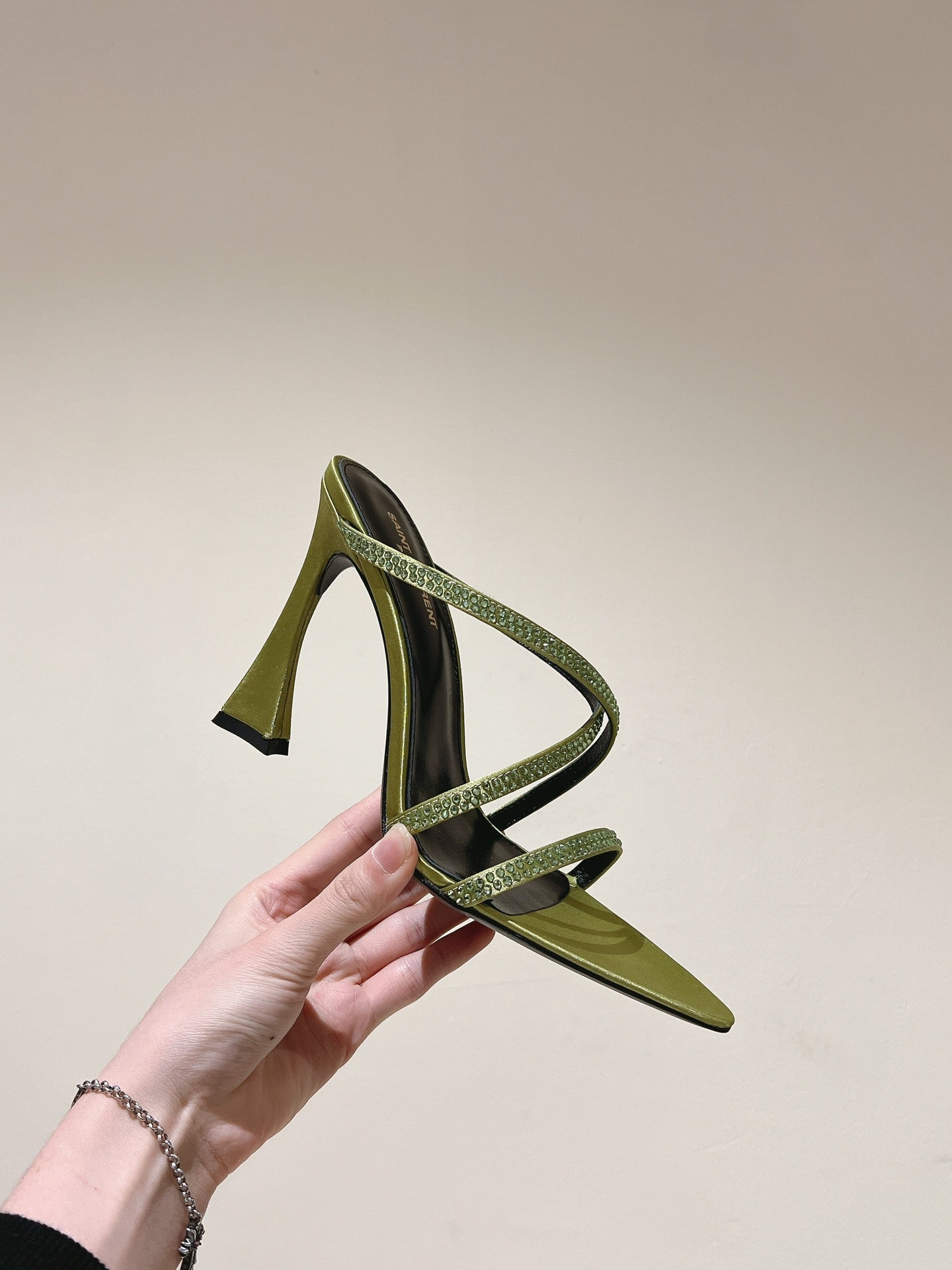 HIGH HEEL MULE 10 CM IN OLIVE GREEN SATIN WITH RHINESTONES - 35