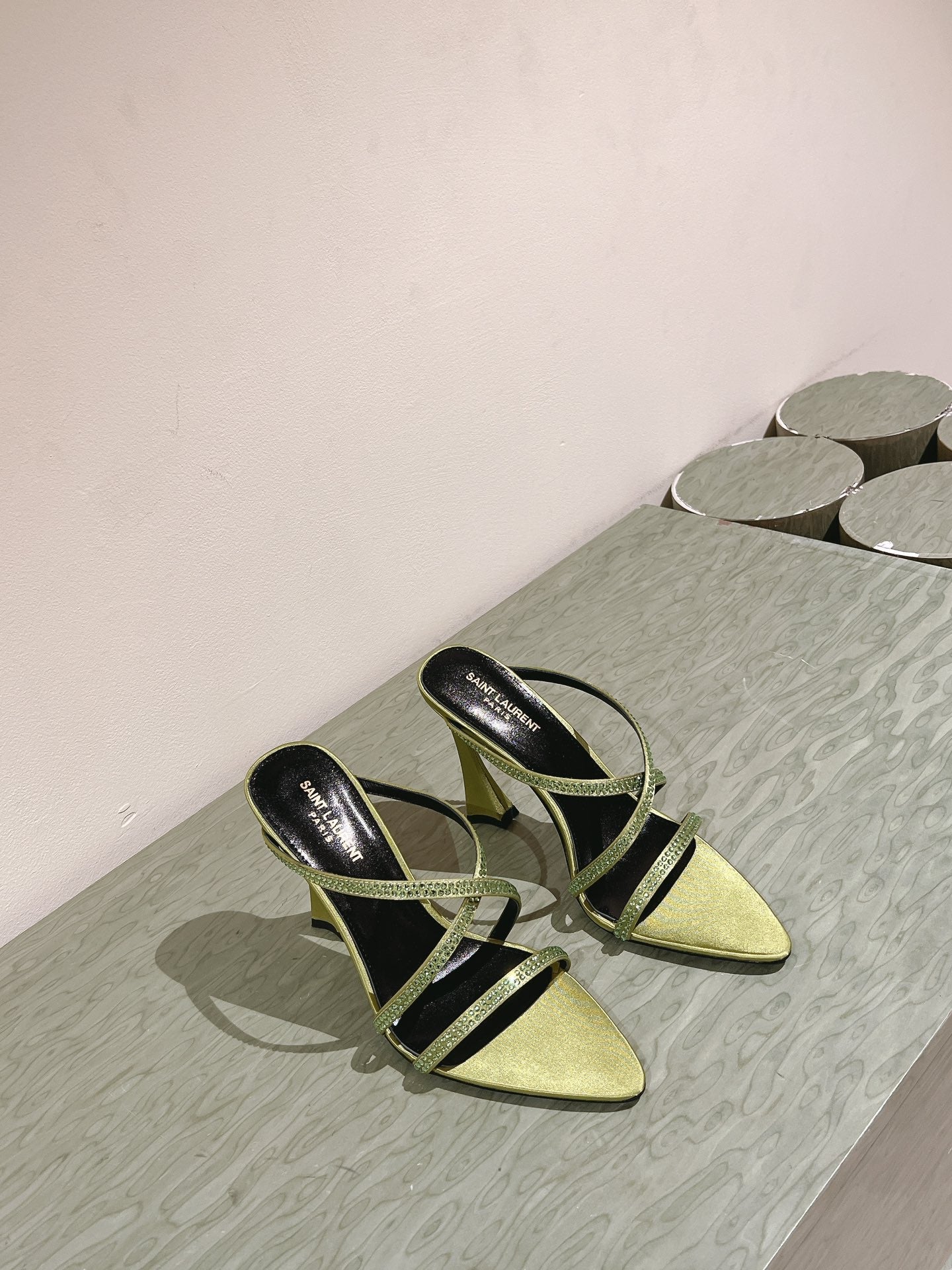 HIGH HEEL MULE 10 CM IN OLIVE GREEN SATIN WITH RHINESTONES - 35