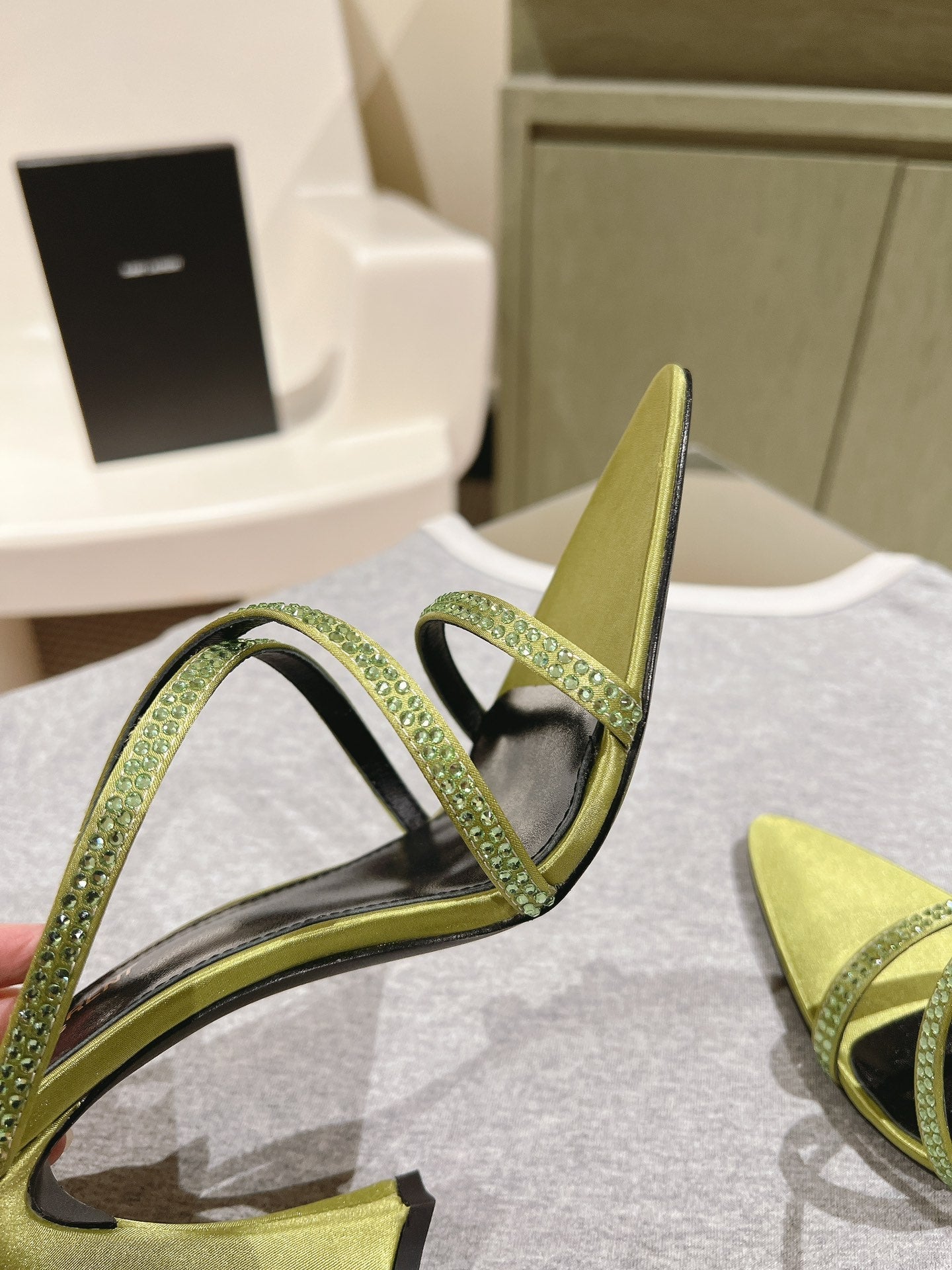 HIGH HEEL MULE 10 CM IN OLIVE GREEN SATIN WITH RHINESTONES - 35