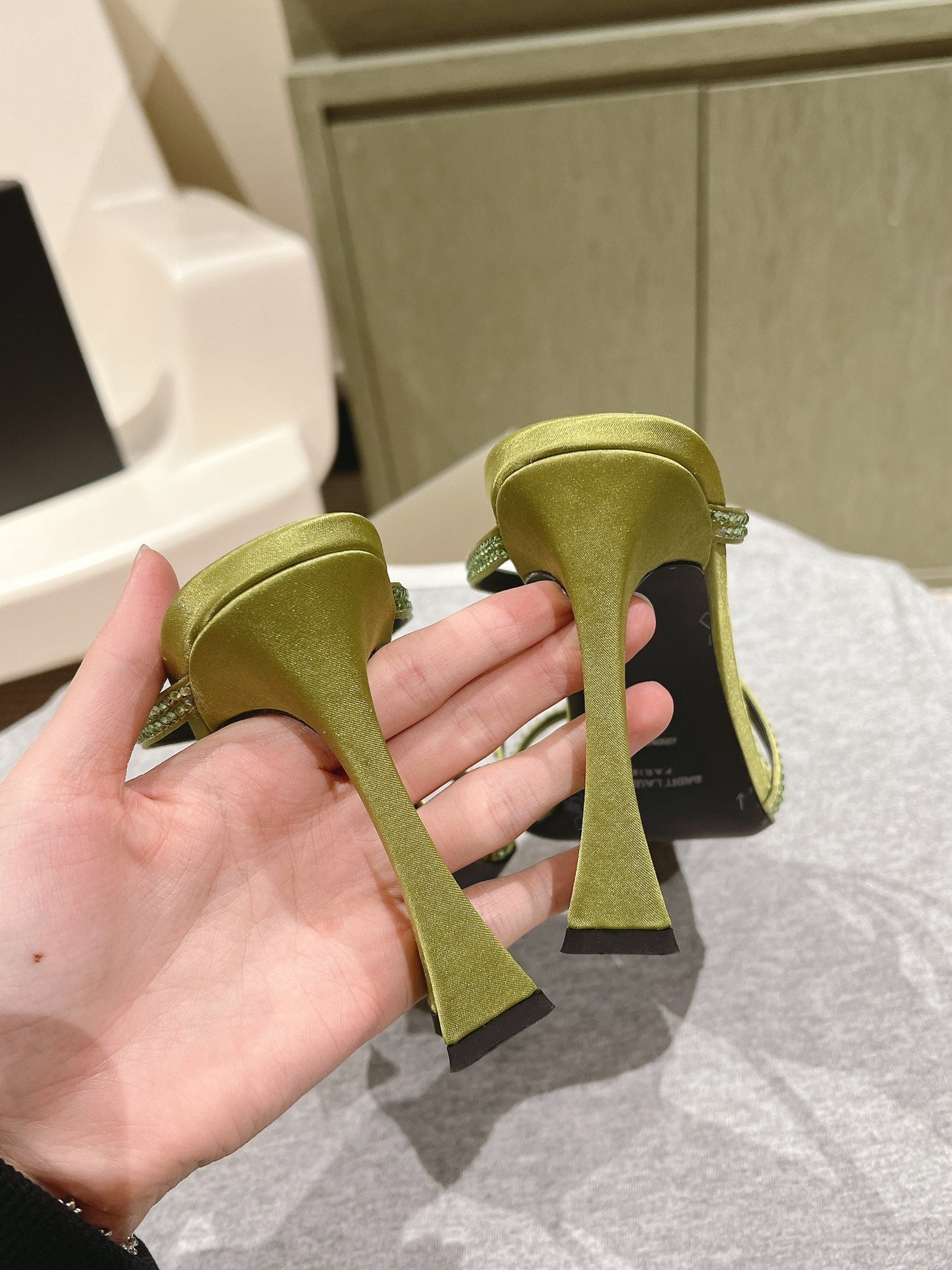 HIGH HEEL MULE 10 CM IN OLIVE GREEN SATIN WITH RHINESTONES - 35